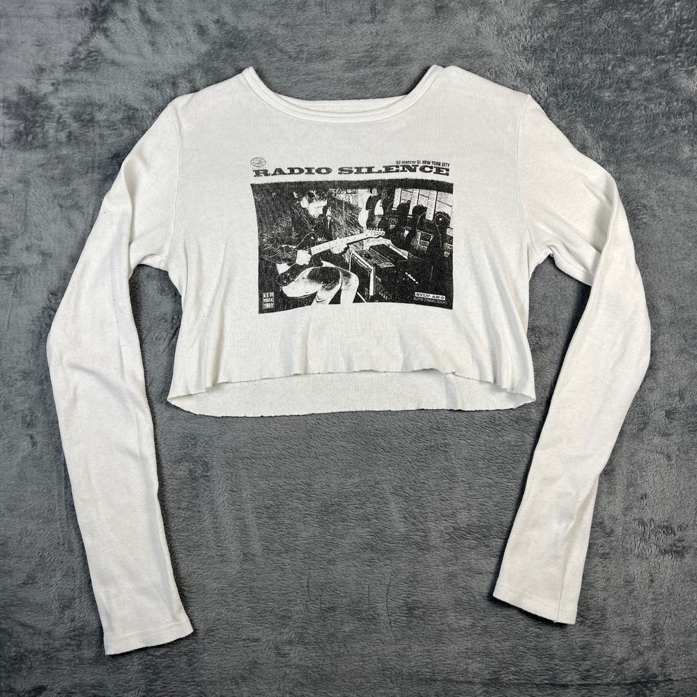 John Galt Cropped Top Womens XS White Radio Silence Graphic Print Cotton Raw Hem